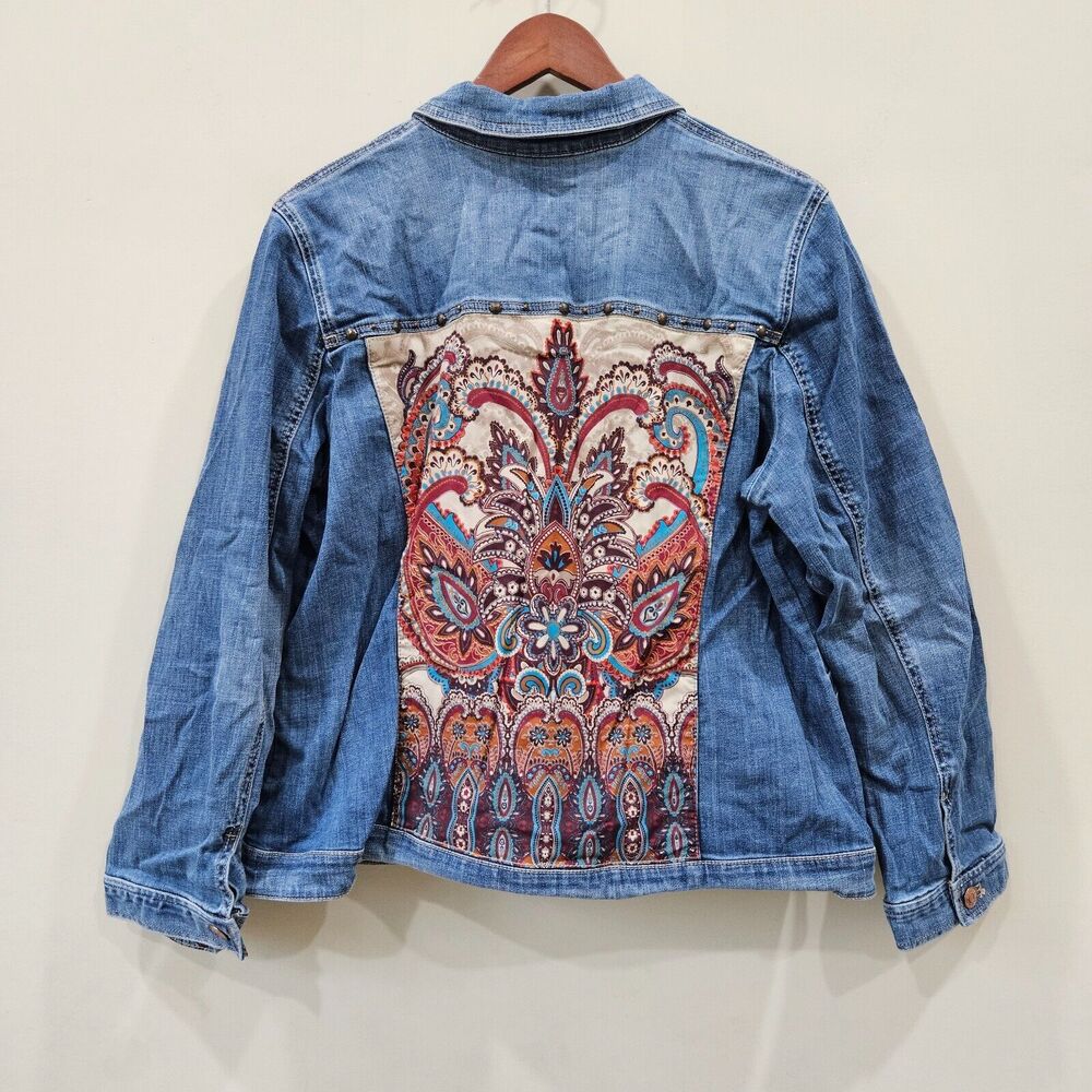 Chicos Womens Paisley Jean Jacket Size 3 Blue Denim Western Streetwear Rocker